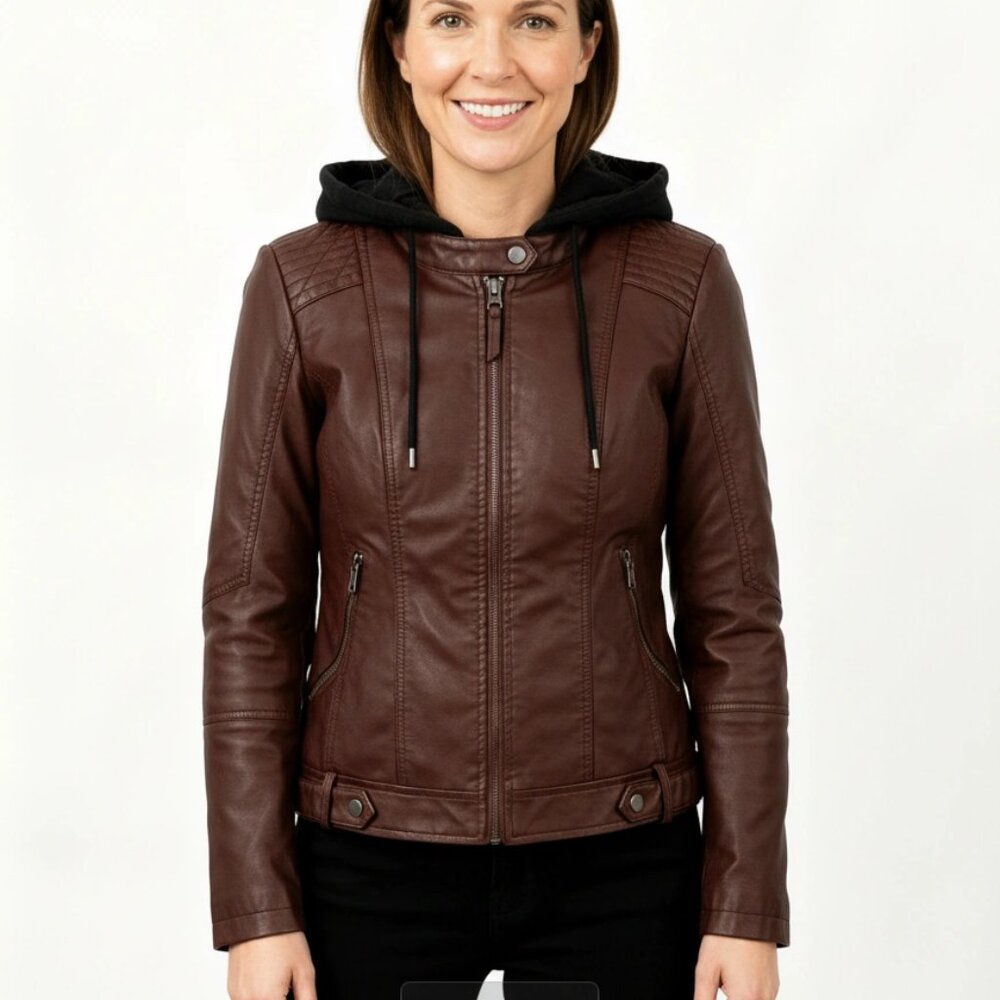 Sebby brown faux leather biker jacket w/black quilted hood/vest size s